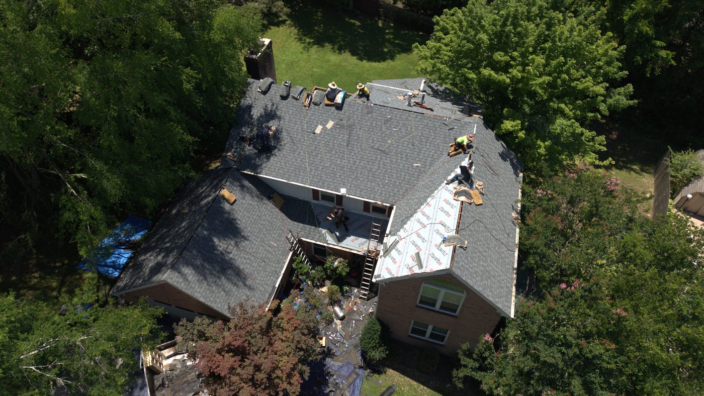 Aerial view of a Brogdon Roofing replacement job in Oak Ridge, TN